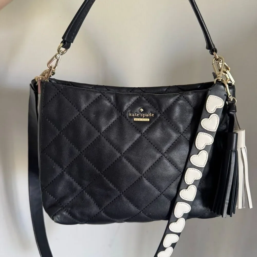 Kate Spade Quilted Leather Crossbody Bag With Embroidery Heart Strap & Tassels